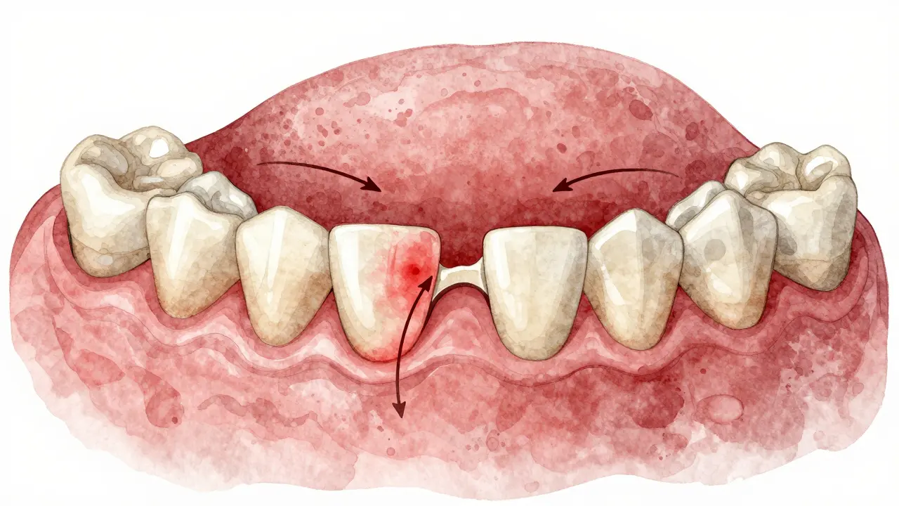 Příčina mezery mezi zuby: úbytek kosti a dásně způsobený zánětem.