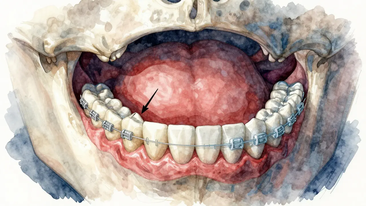 Průřez čelisti s ukázkou pohybu zubů pod tlakem fixních a vyjímatelných rovnátek.