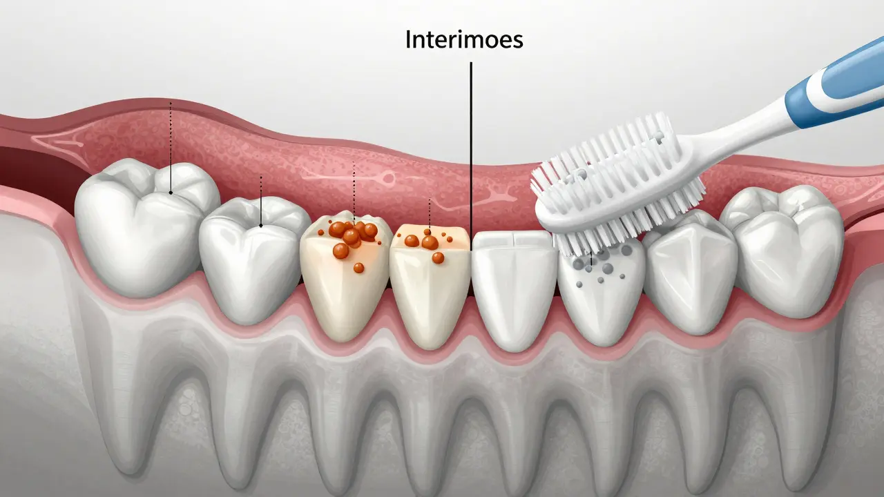Průřez zubů s viditelným plakem a čistými mezery po použití kartáčku.