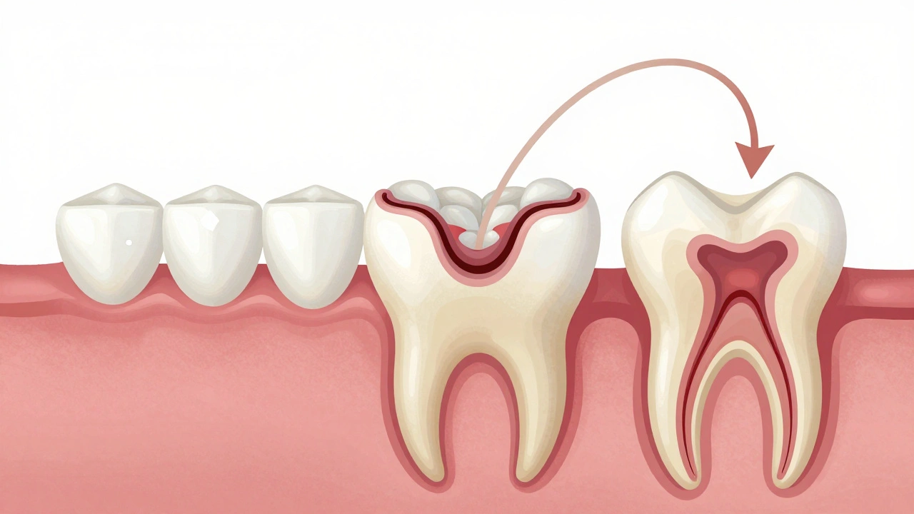 Průřez zubu ukazující postupující mezizubní kaz od skloviny k důlkovému systému.