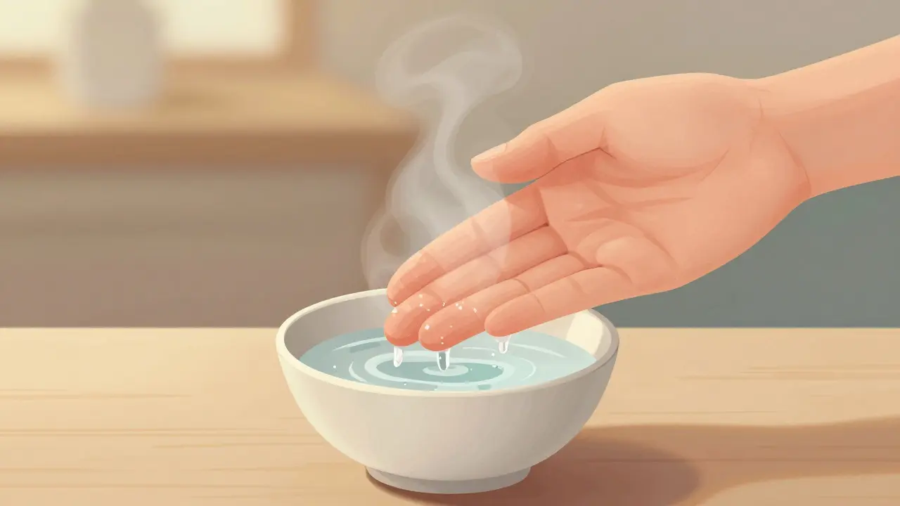 Ruka opatrně pláchnoucí ústa slanou vodou, vedle ní mísa s roztokem.