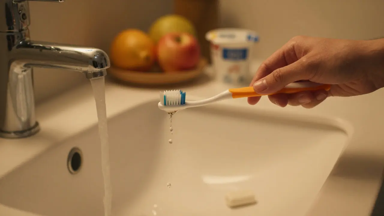 Ruka s kartáčkem zadržená nad umyvadlem, vedle ní časovač a žvýkačka.