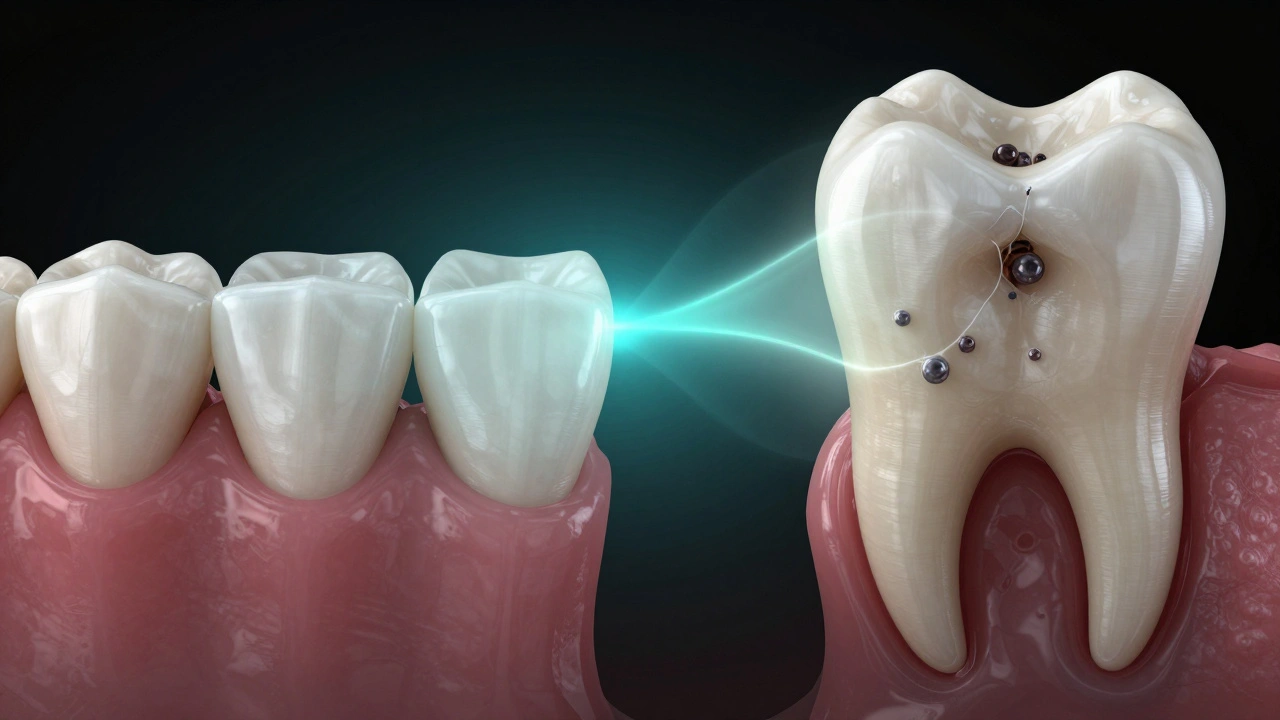 Srovnání zdravých řezáků a poškozených molárů s vlivem fluoru.