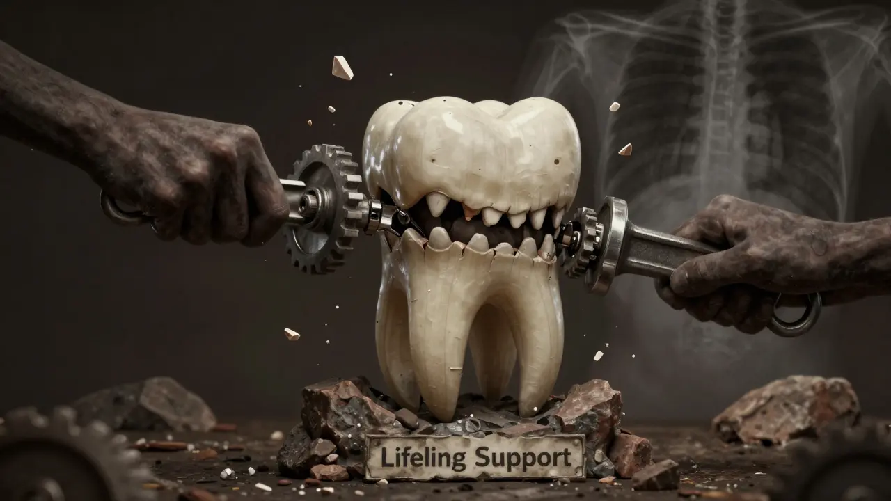 Symbolický obraz prvního moláru jako opory proti nárazům broušení.