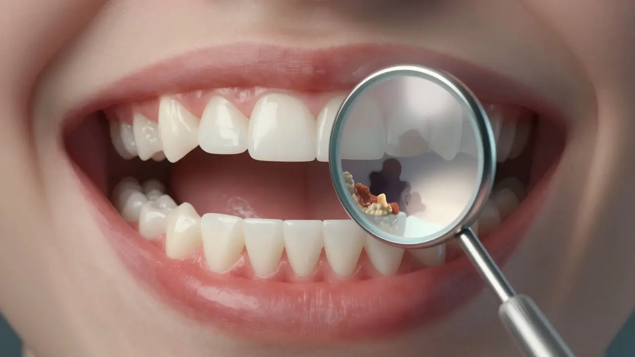 Symbolický obraz zrcátka oddělující zdravé zuby od skrytých zubních problémů.