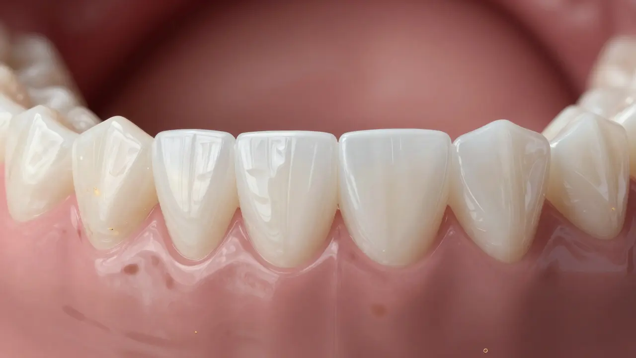 Tenké keramické fazety pokrývají zabarvené zuby, světlo se láme jako u přirozeného emailu.