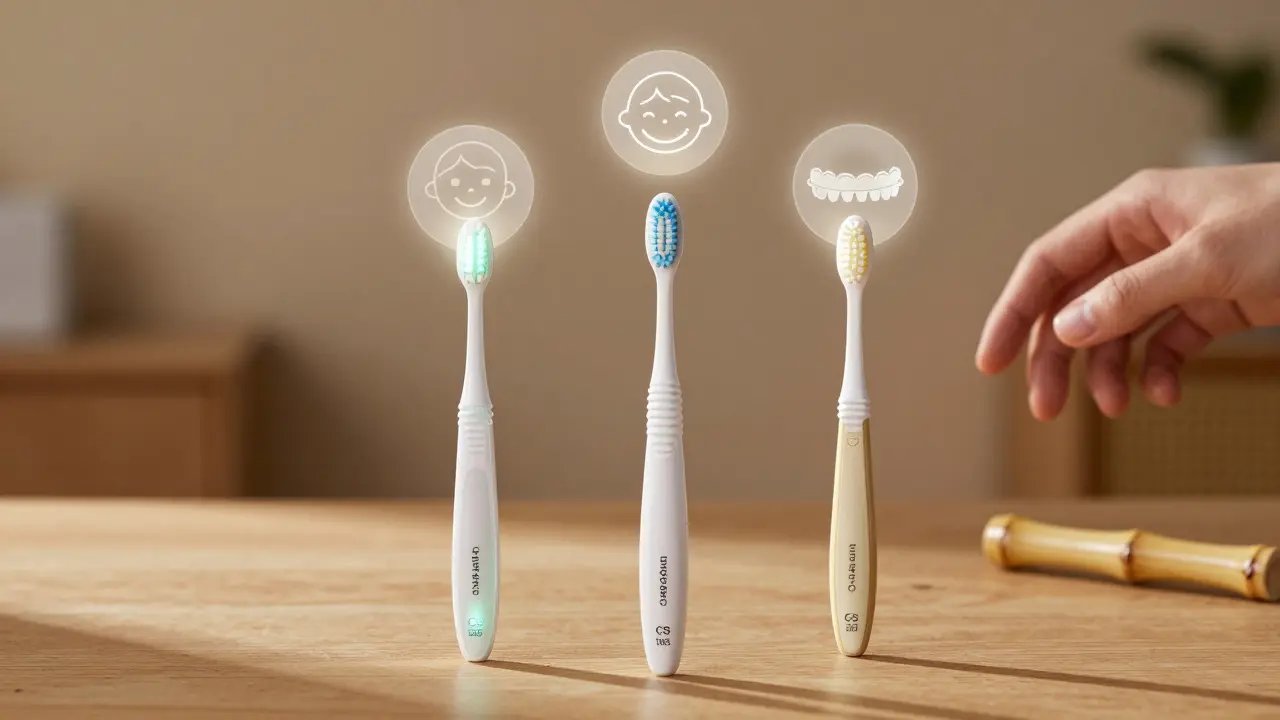 Tři modely Curaprox kartáčků s ikonami pro děti, nápravy a ekologii