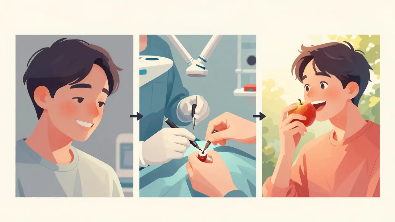 Vývojová ilustrace: ztráta zubů přes operaci k obnově úsměvu.
