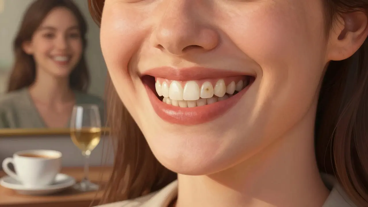 Woman smiling confidently with naturally beautiful, veneer-enhanced teeth.