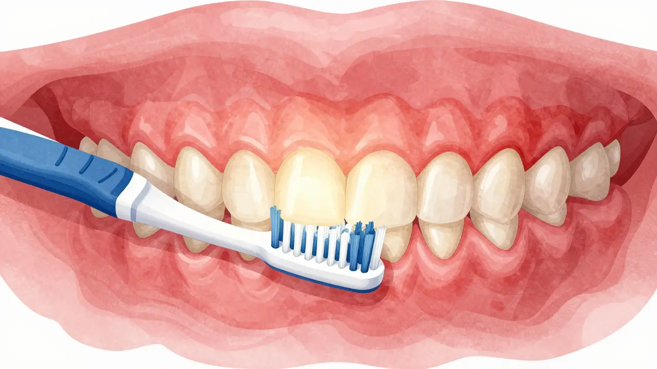 Zdravé růžové dásně proti zánětlivým červeným, čištěné jemnými štětinami kartáčku.