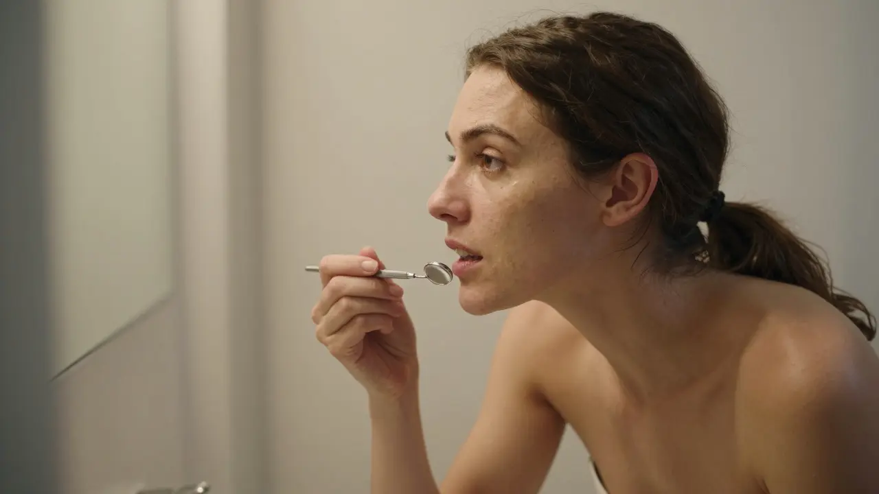 Žena pečlivě kontrolyje stav zubů a dásní pomocí dentálního zrcátka ve sprše.