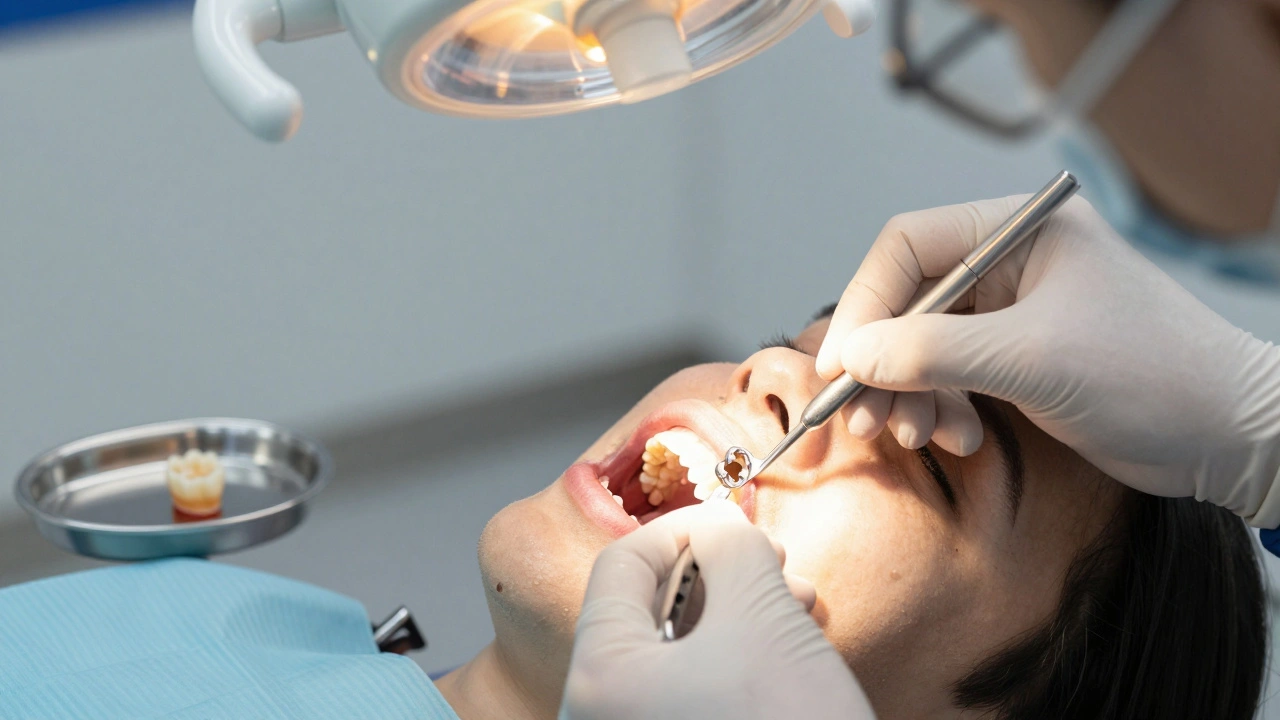 Zubař ukládá metalokeramickou korunku na molár v klinice.