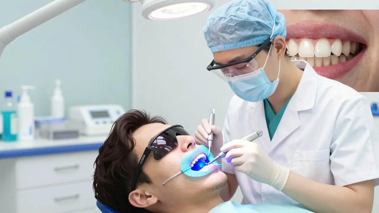 Zubní lékař aplikuje bílící gel na zuby pacienta pod modrým světlem v klinice.