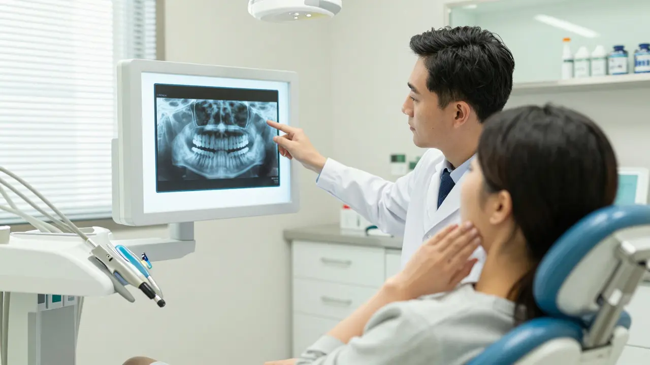 Zubní lékař ukazuje na rentgenový snímek osmiček pacientovi v klinice s jemným světlem.