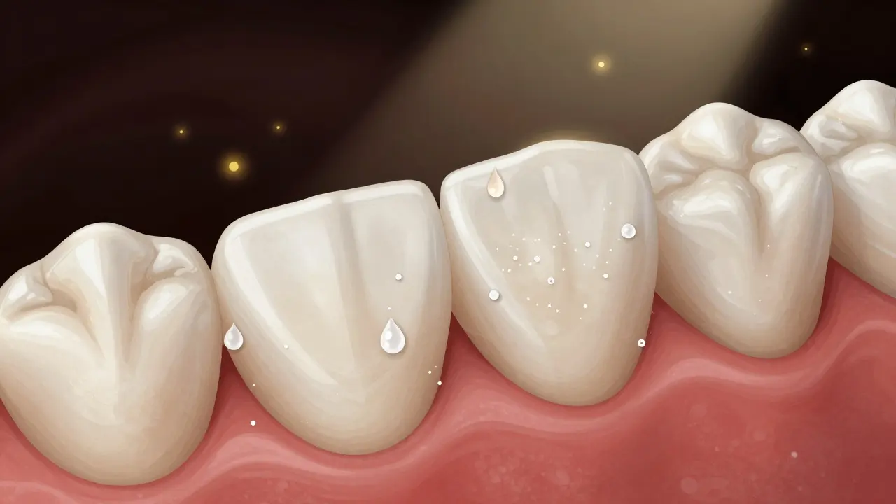 Zvětšený pohled na zubní sklovinu, kterou obnovují minerály ve slinách.