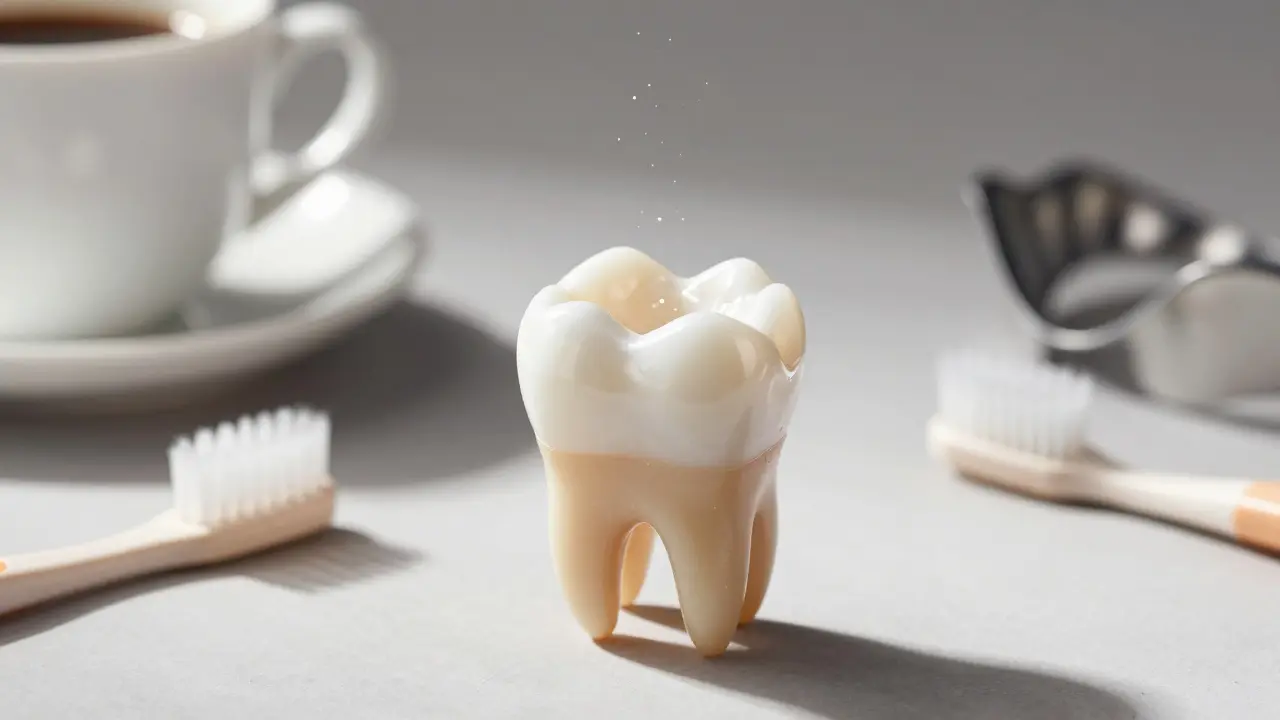 A composite veneer gently lifting off a tooth, showing the intact natural tooth beneath.