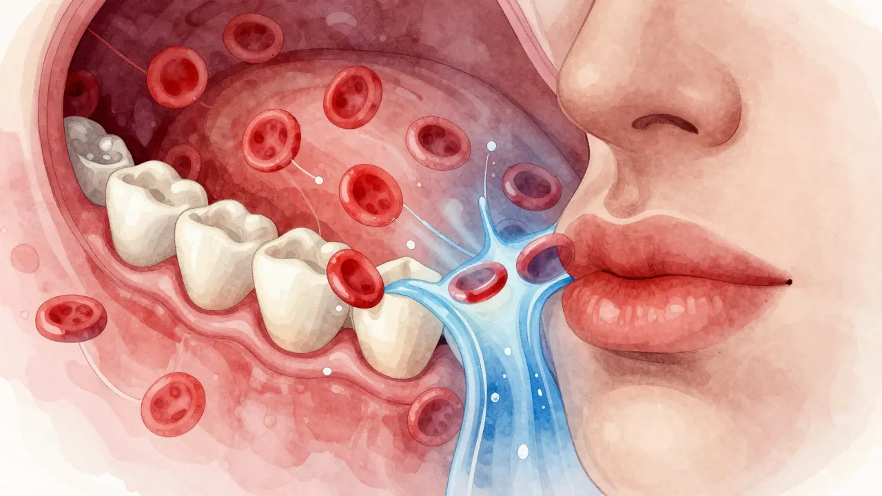 Abstraktní ilustrace biologického procesu otoku po vyjmutí zubu.