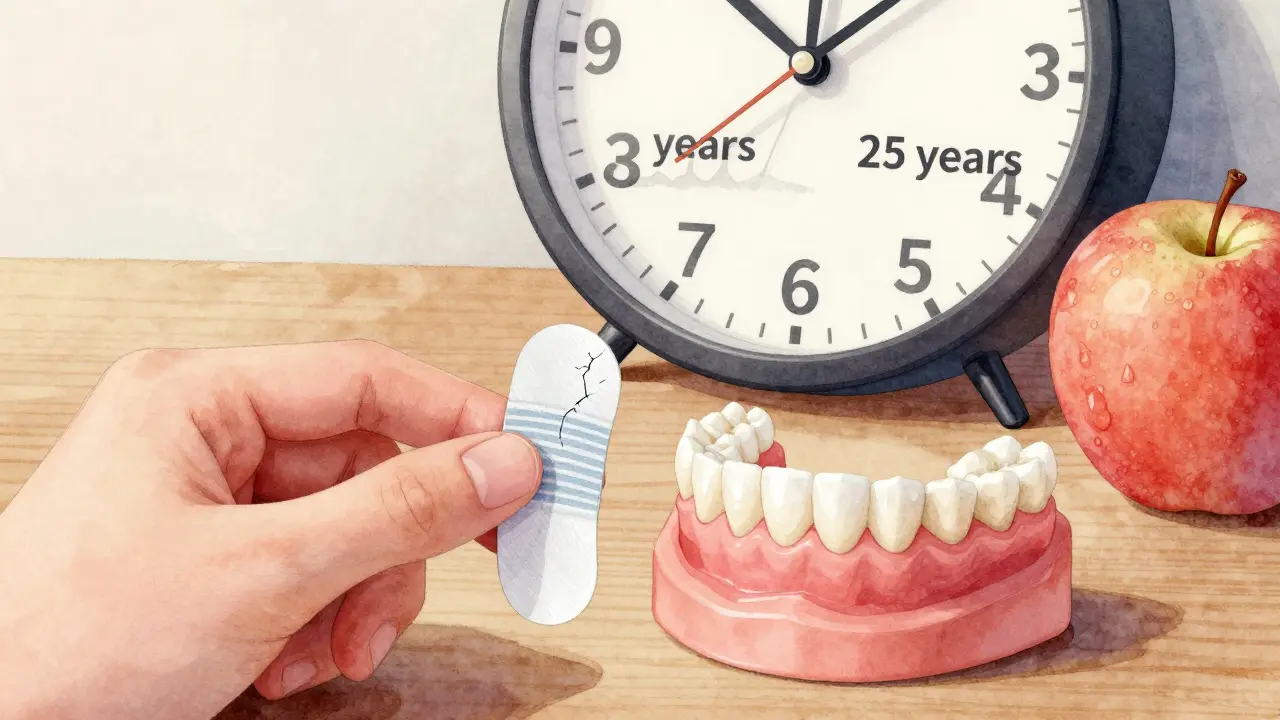 Adhezivní zubní náhrada a zirkoniová korunka na stole vedle hodin a jablka, symbolizující dočasné a trvalé řešení.