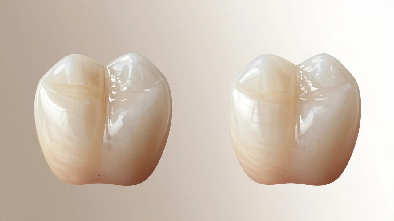 Before and after comparison of a tooth with and without a natural-looking composite veneer.