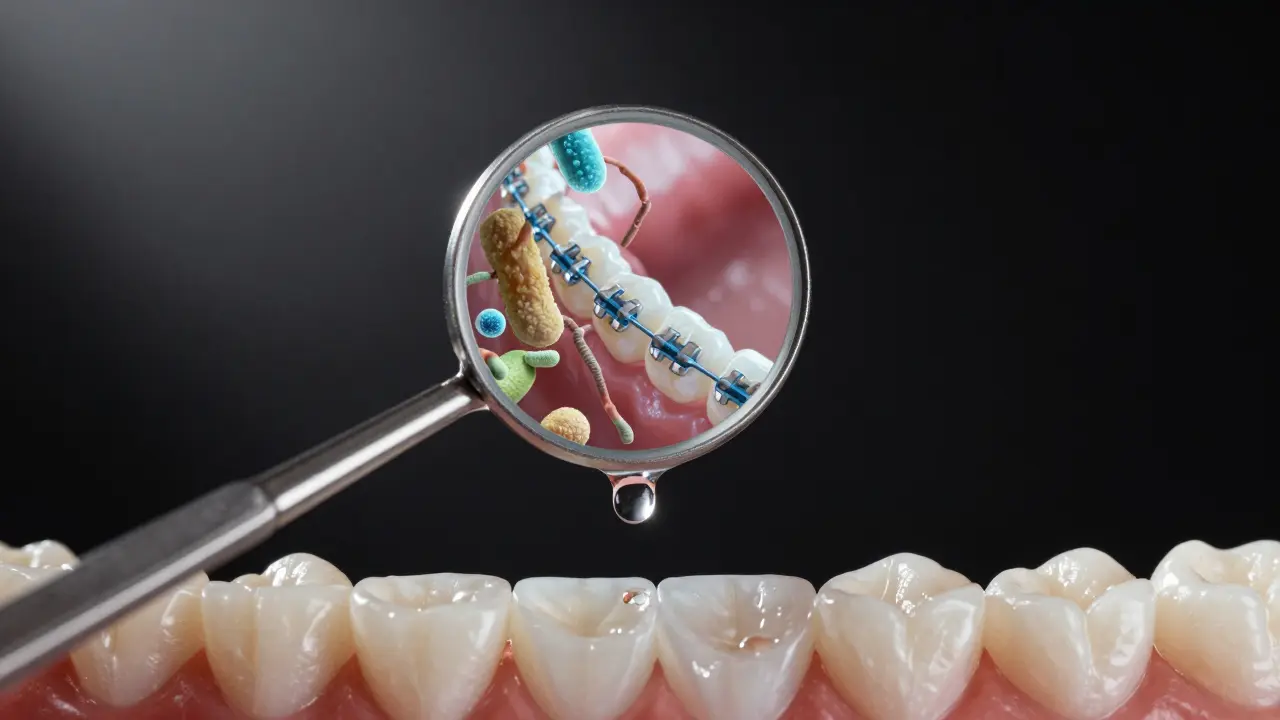 Dentální zrcátko odrazuje skrytý růst plaku a kamenů kolem ortodontických prvků v temném prostředí.