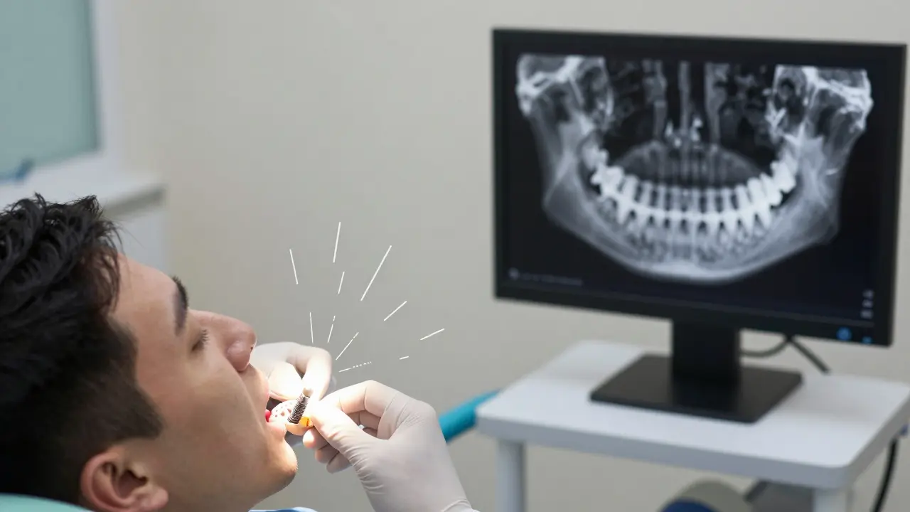 Dentista instaluje systém All-on-4, vedle leží noční štětice a 3D snímek čelisti.