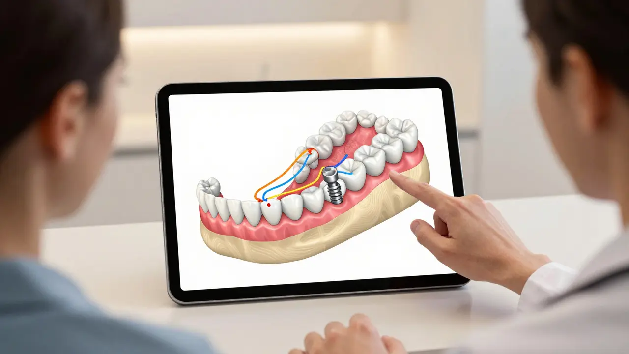 Dentista ukazuje pacientovi 3D plán rekonstrukce chrupu na tabletu.