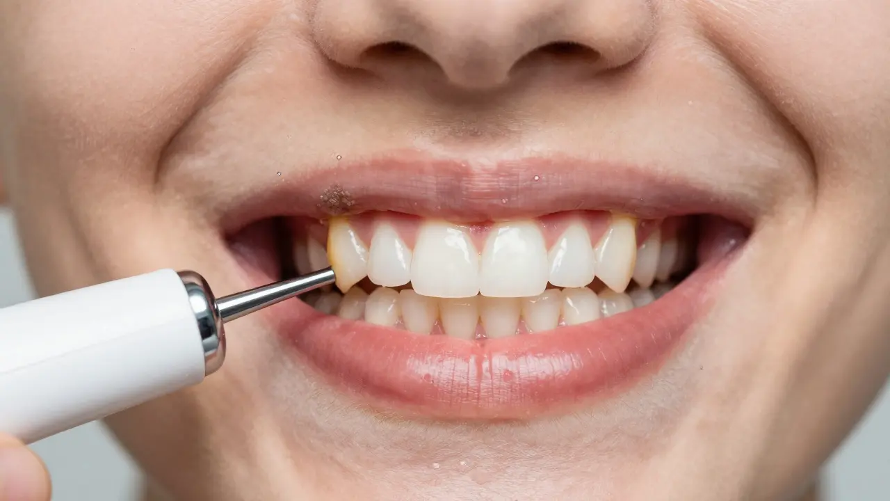 Dvě strany úsměvu: jedna se zubním kamenem a zánětem, druhá s čistými a zdravými zuby.