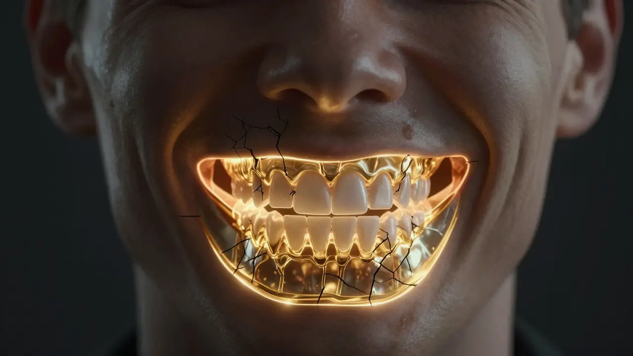 Konceptuální obraz správného předkusu jako základu úsměvu s porušenou strukturou na jedné straně.