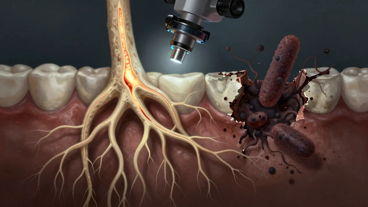 Konceptuální obraz zdravého a infikovaného kořene s mikroskopem a rozpadající se kostí.