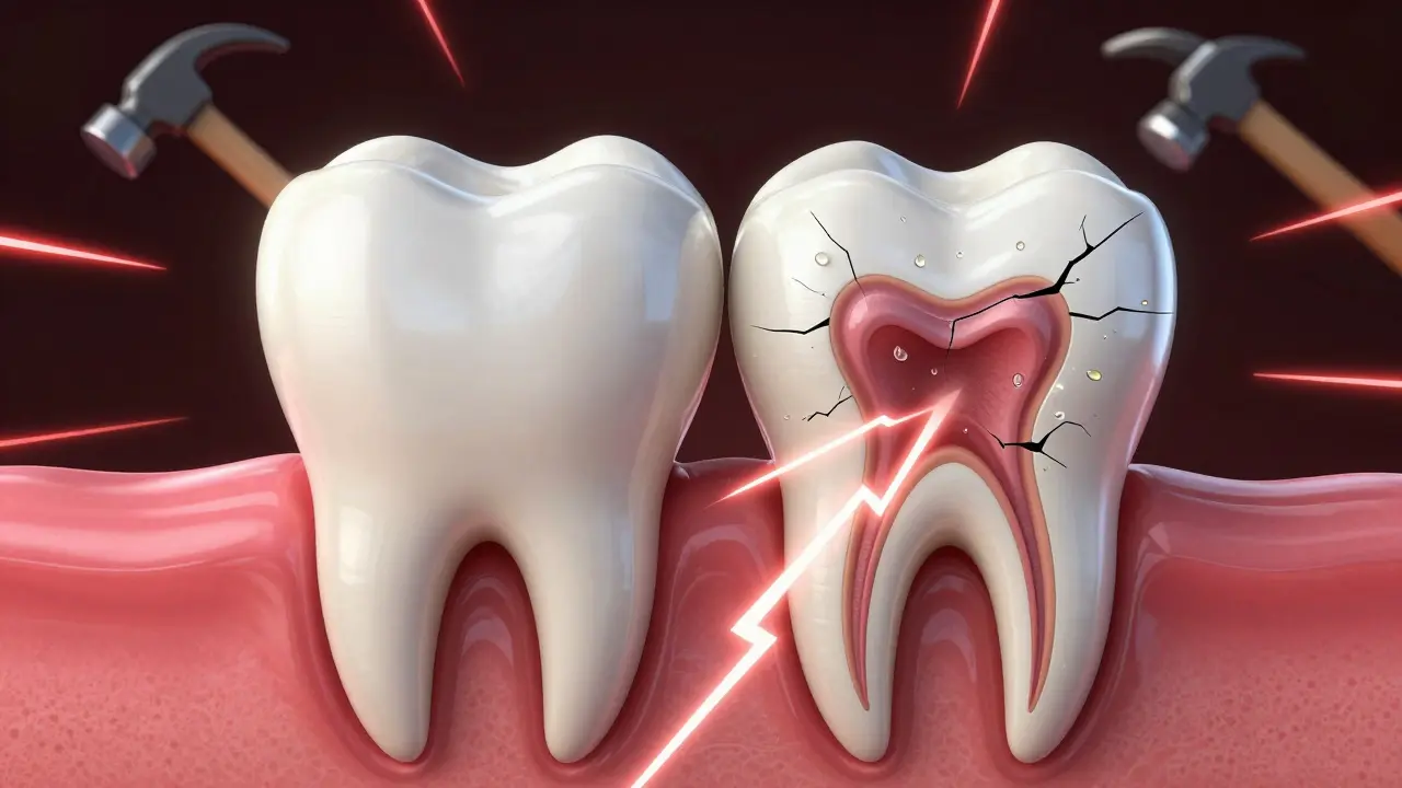 Konceptuální obrázek zubu s rozšiřujícími se prasklinami a kyselými kapkami, které oslabují sklovinku.