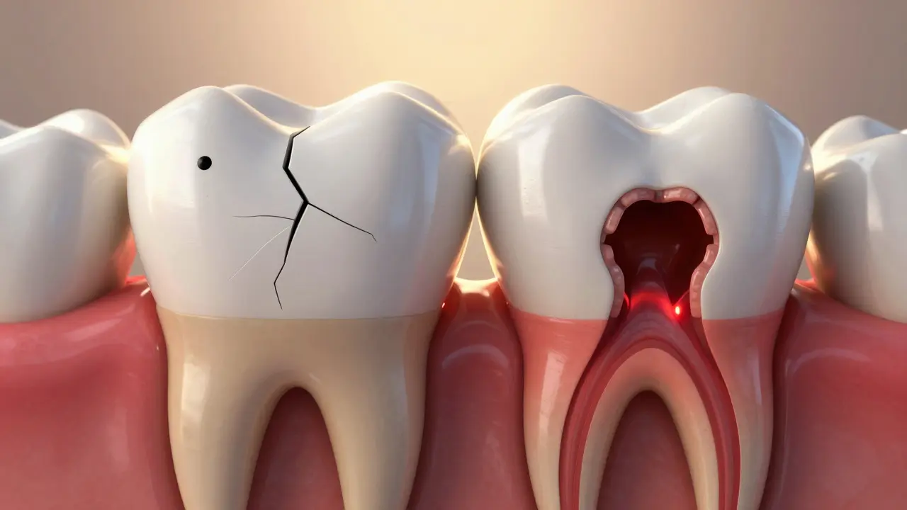 Konečný stav zubu s infekcí šířící se do čelisti, v porovnání s počátečním kazem.