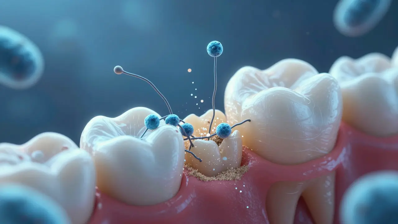 Mikroskopický pohled na bakterie a demineralizaci skloviny