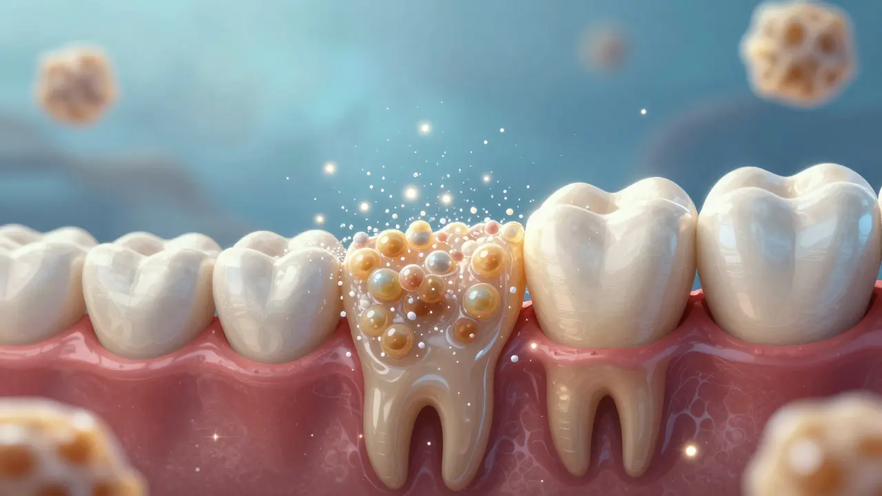 Mikroskopický pohled na odstraňování plaku z povrchu zubu jemnými částicemi, zdravá skloviná září pod nimi.