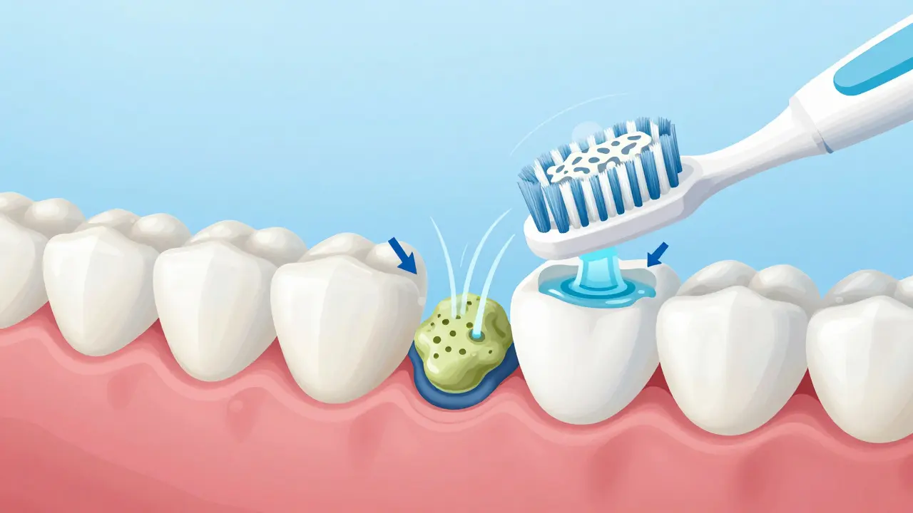 Mikroskopický pohled na vibrace sonického kartáčku čistící plak mezi zuby.