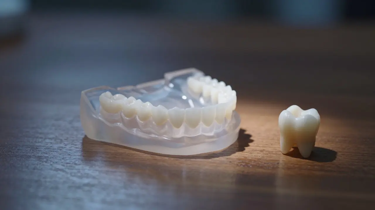 Moderní nasazovací zuby na dřevěném povrchu vedle odtisku zubního oblouku.