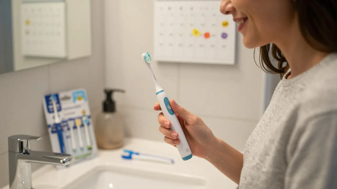 Nový sonický kartáček vedle starého ručního s doplňky pro ústní hygienu.