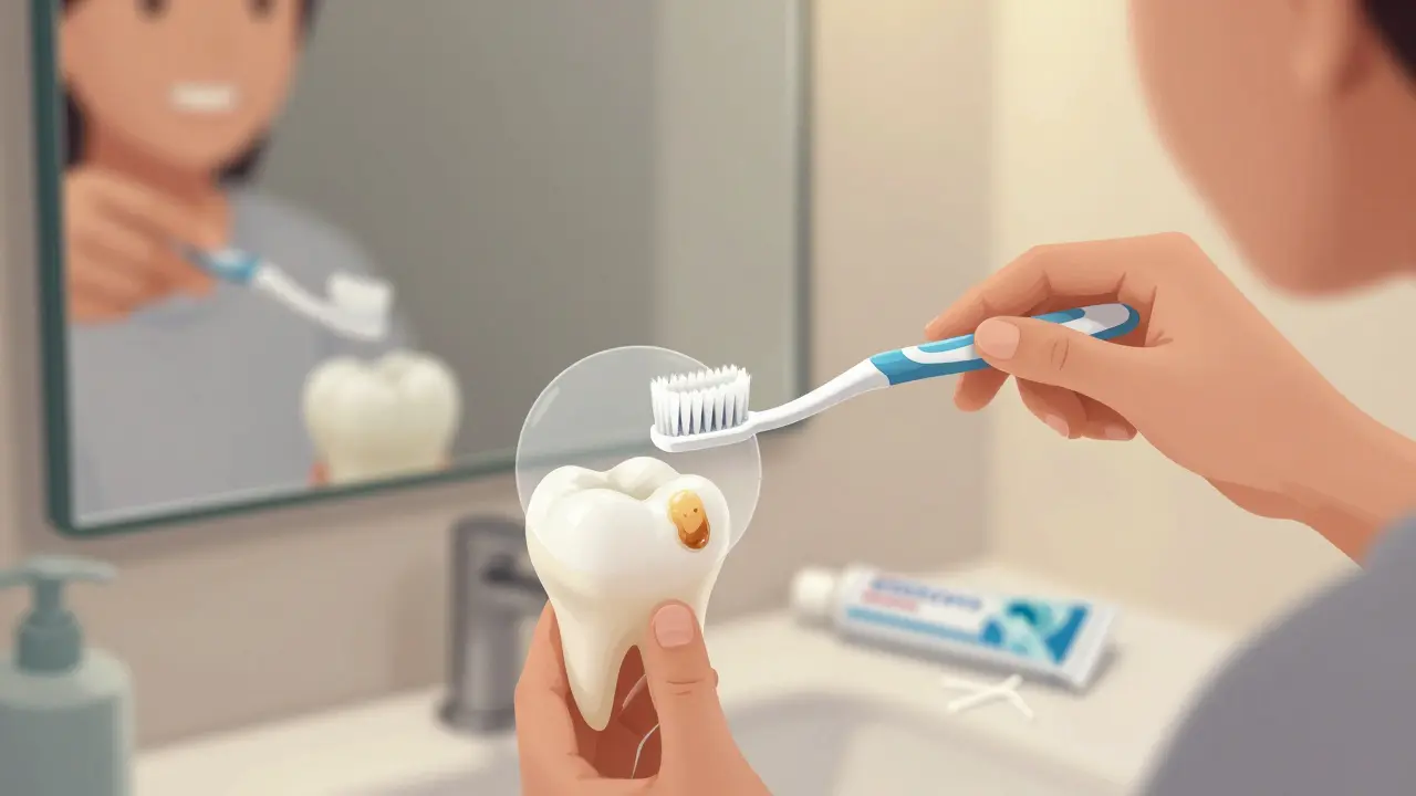 Osoba používá mezizubní kartáček večer v koupelně.