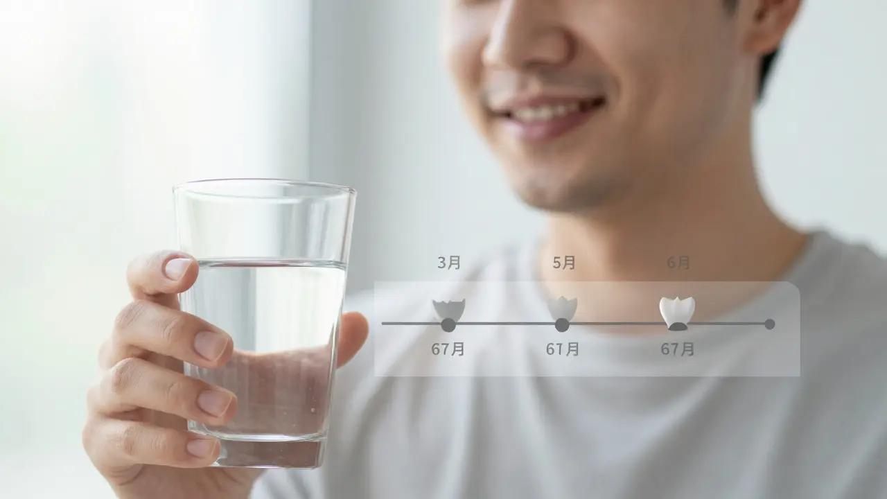 Pacient se usmívá, s časovou osou hojení implantátu v pozadí.