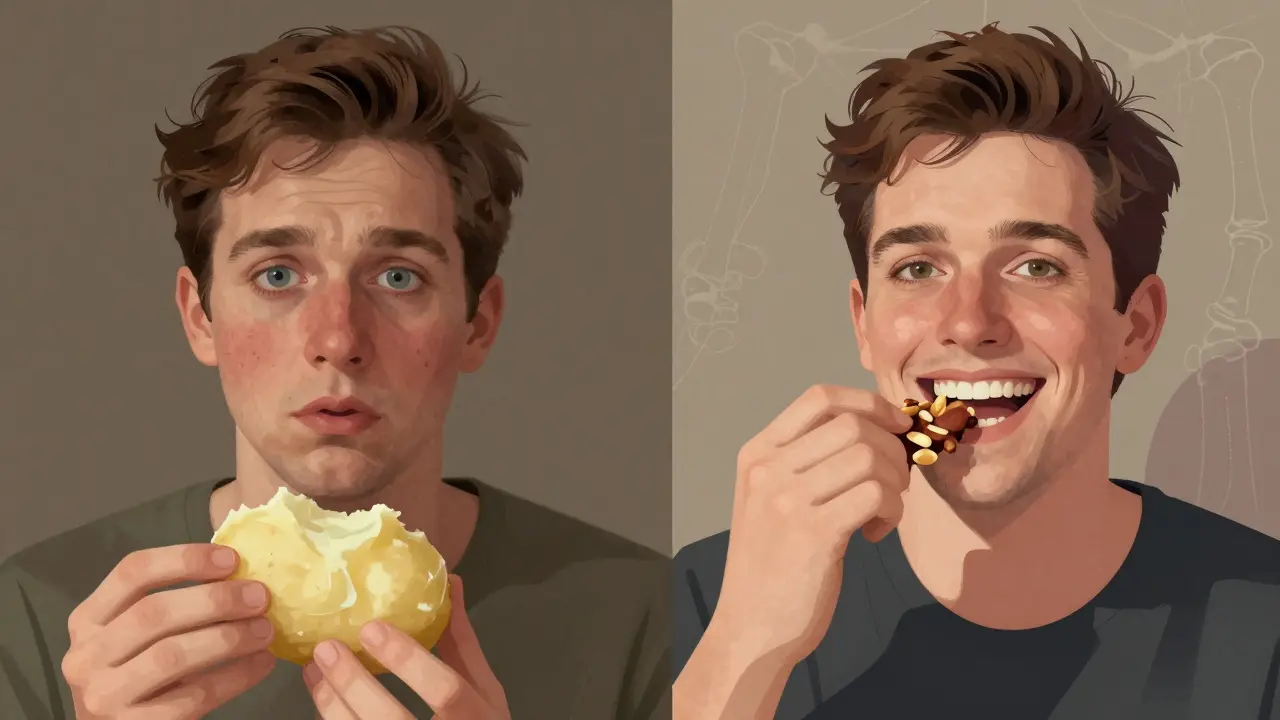 Porovnání dvou stavů: s a bez zubů, s výrazným rozdílem v obličeji a stravě.