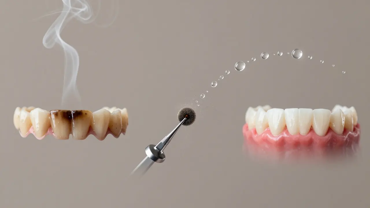 Postupný přechod od znečištěného zubu k čistému a zdravému, symbolizující prevenci a obnovu zubního zdraví.