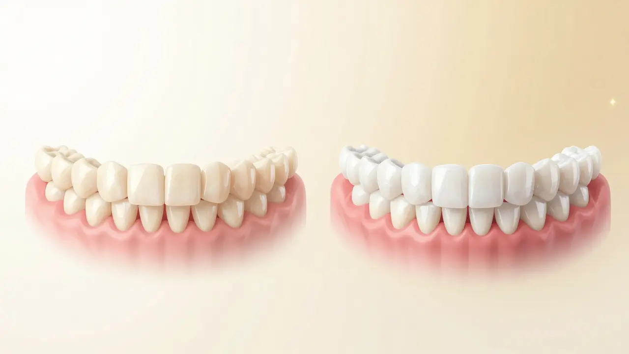 Před a po: křivé zuby přeměněny na rovné pomocí tenkých fazet.