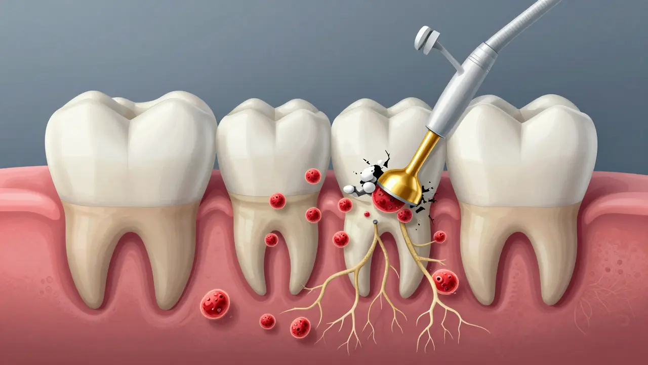 Příčný řez zubem ukazující zubní kámen pod dásní a bakterie, které ho pronikají.