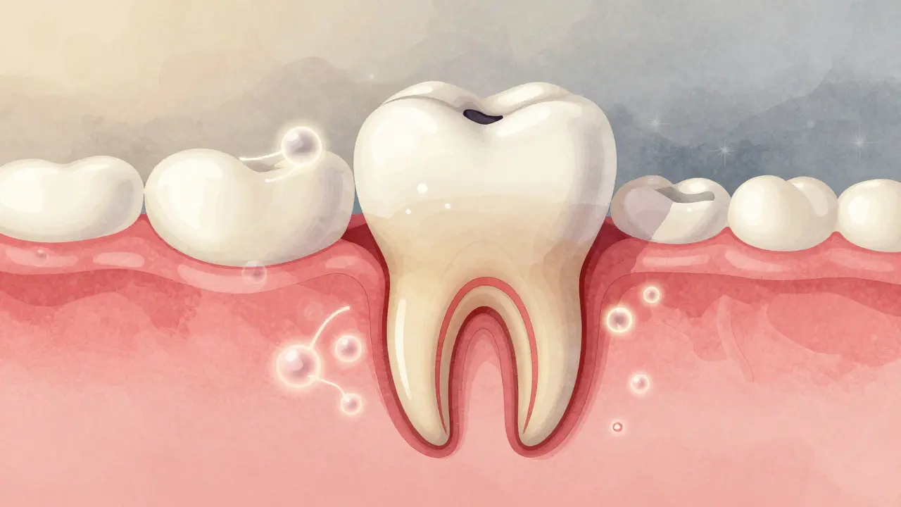 Průřez zubem ukazující postup kávového poškození a přirozenou regeneraci.