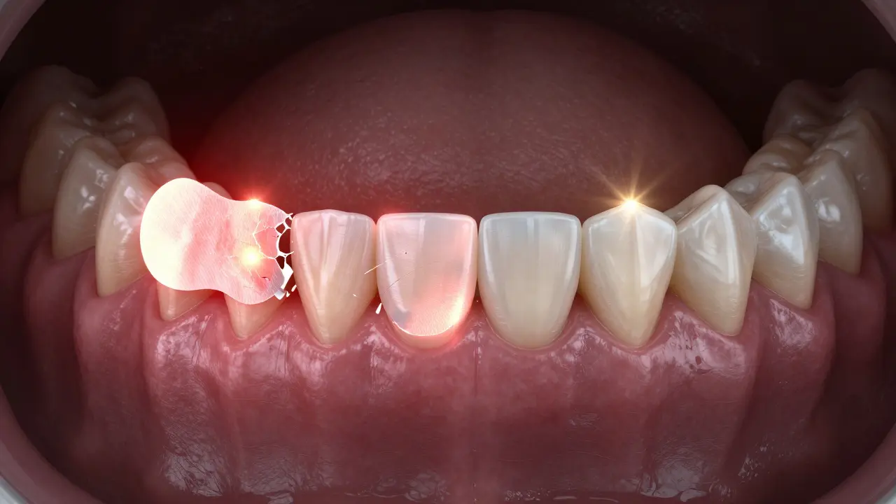 Rozdělený úsměv: jedna strana s poškozeným nalepovacím zubem, druhá se zirkoniovou korunkou a zdravým dásňovým tkáněm.