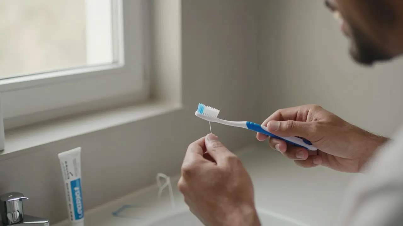 Ruce drží kartáček a interdentalní kartáček u zrcadla s odrazem bílých skvrn na zubech