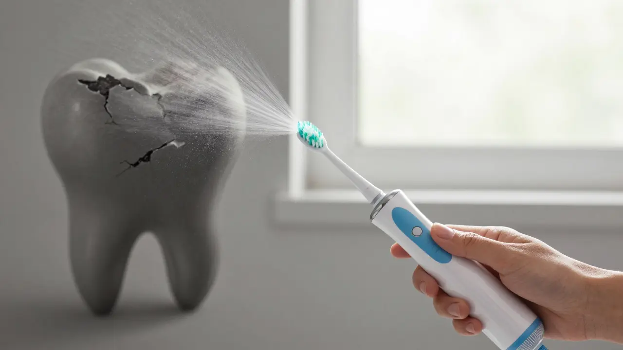 Rukou držený sonický kartáček a flosser čistí zuby s rovnátky, odstraňují zbytky jídla.