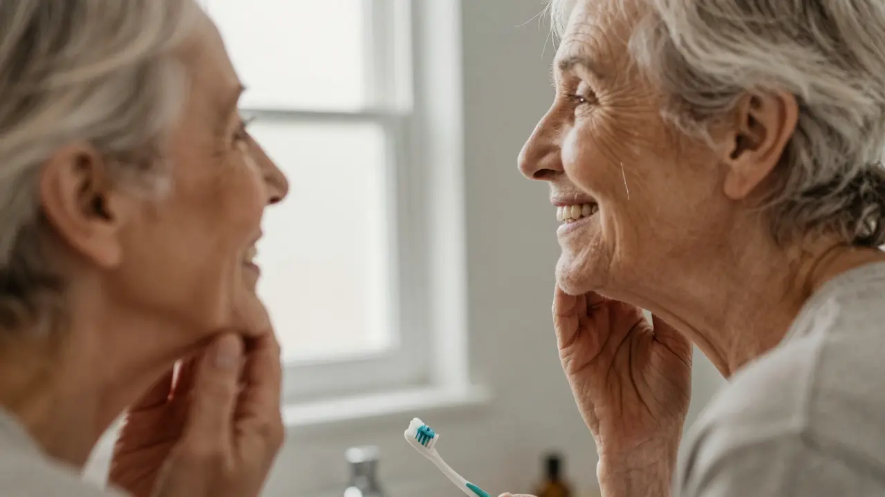 Starší osoba se dívá do zrcadla, kde jsou na zubech vidět jen stíny prasklin, symbolizující potřebu prevence.