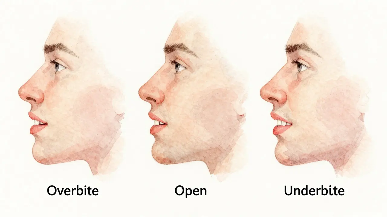 Tři typy nesprávného předkusu: překryvný, otevřený a překrývající v profilu.
