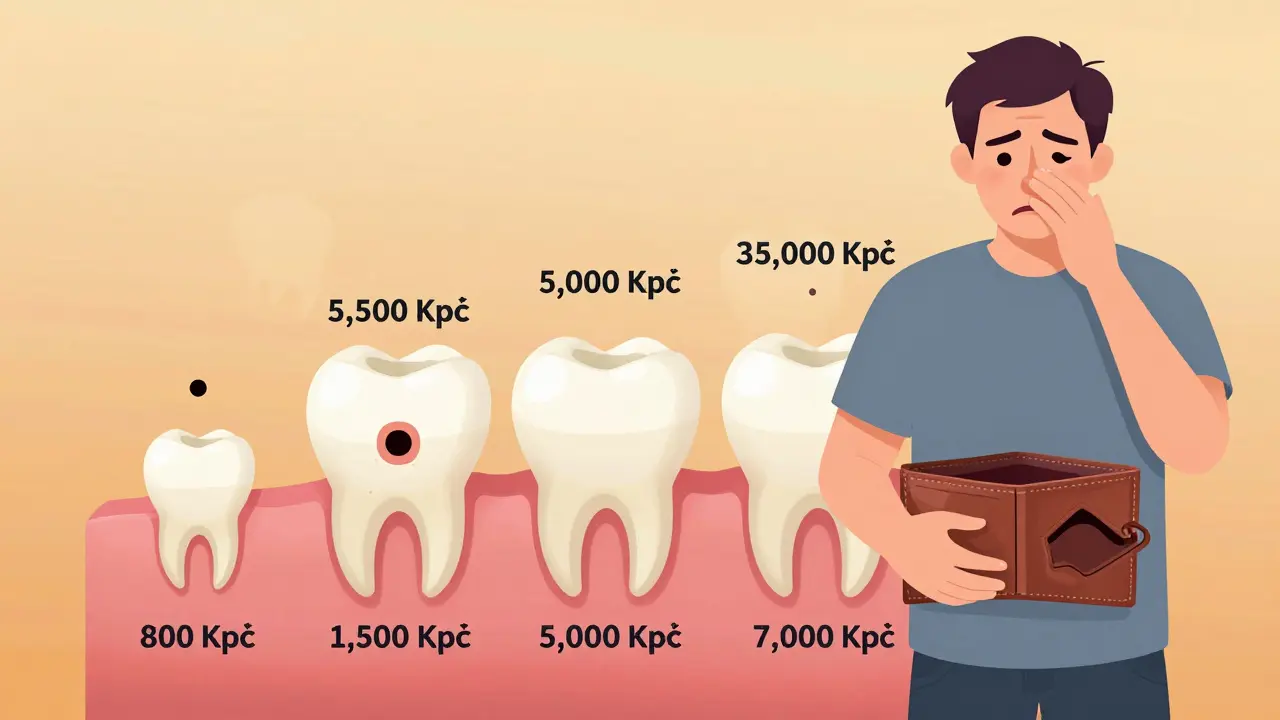 Visual timeline showing increasing costs of untreated tooth decay from filling to implant.