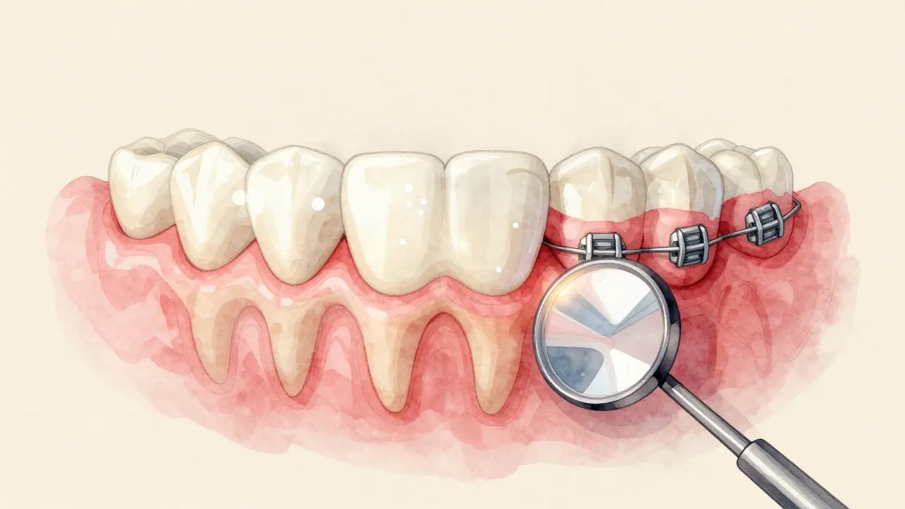 Vodová barva ilustrující tři příznaky problémů: bílé skvrny, zčervenalé dásně a zbytky jídla pod brýlemi.